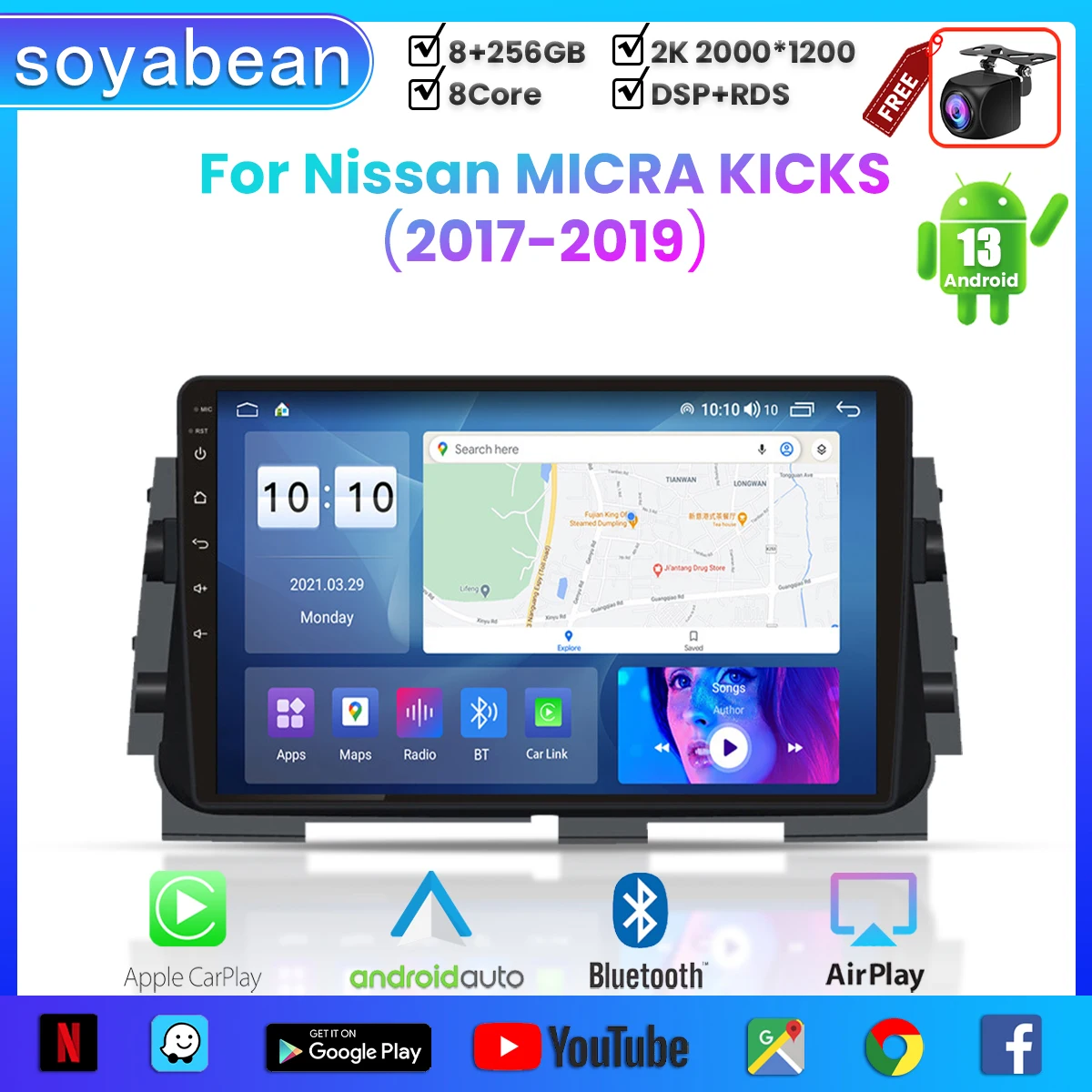 

Android 13 Car Radio for Nissan MICRA KICKS 2017-2019,10inch Multimedia Player with 4G WiFi Carplay & 2Din GPS