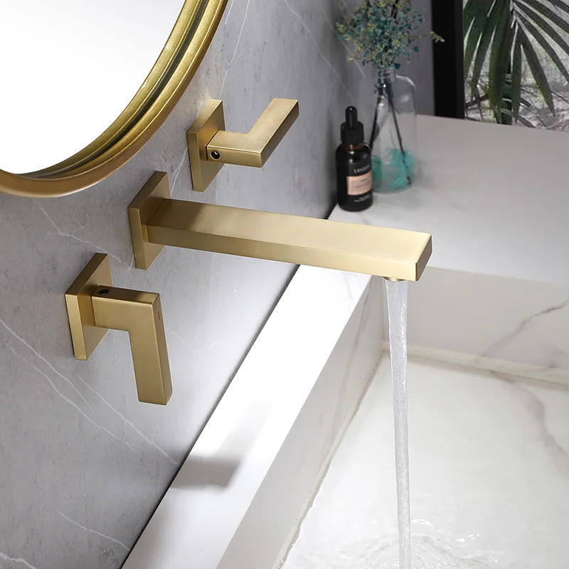 Square Wall Mounted Bathroom Faucet Brushed Gold Double Handles Basin Faucet With High-quality Brass Material