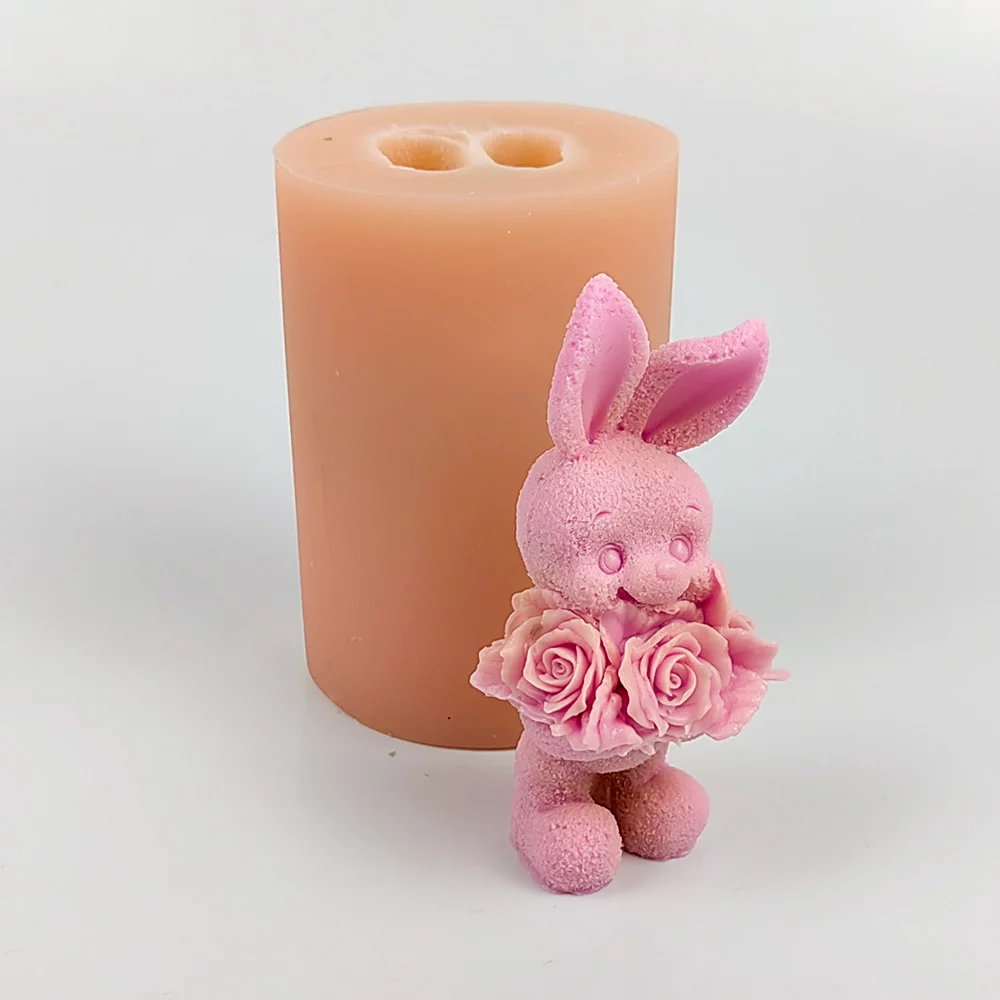 

Animals Mold Rabbit Holding A Bouquet Of Roses 3D Bunny Moulds Soap Molds Candle Silicone Wedding Birthday Valentine's DW0509