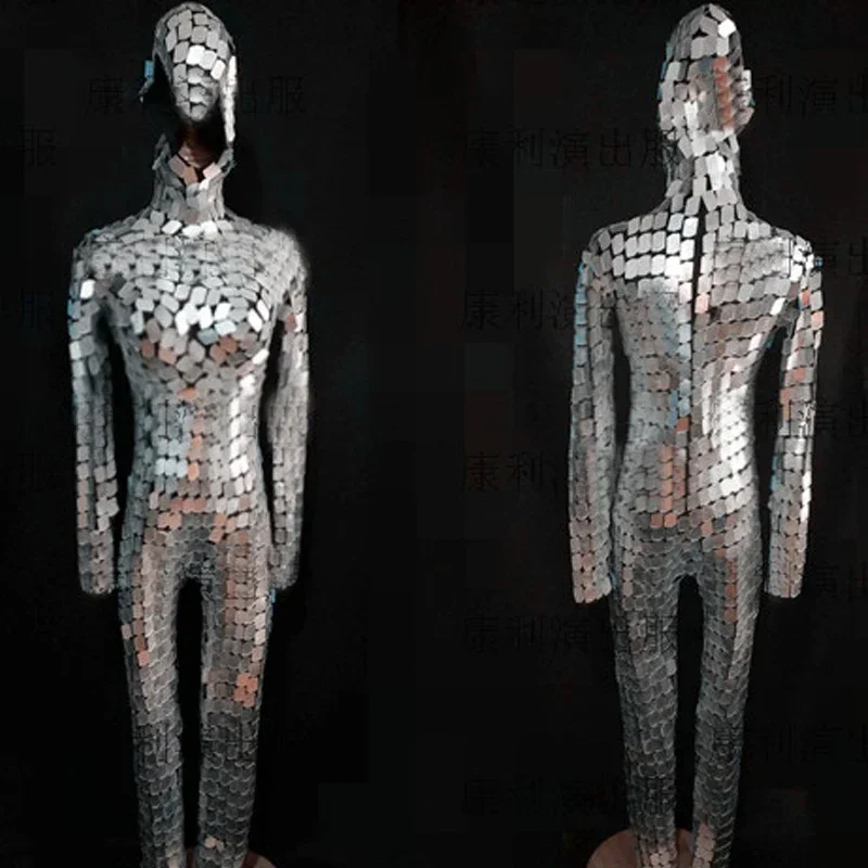 Men Mirrors Costume Women Silver Sequins Jumpsuit Bar Nightclub Party Gogo Wear Stage Performance Pole Dance Outfit
