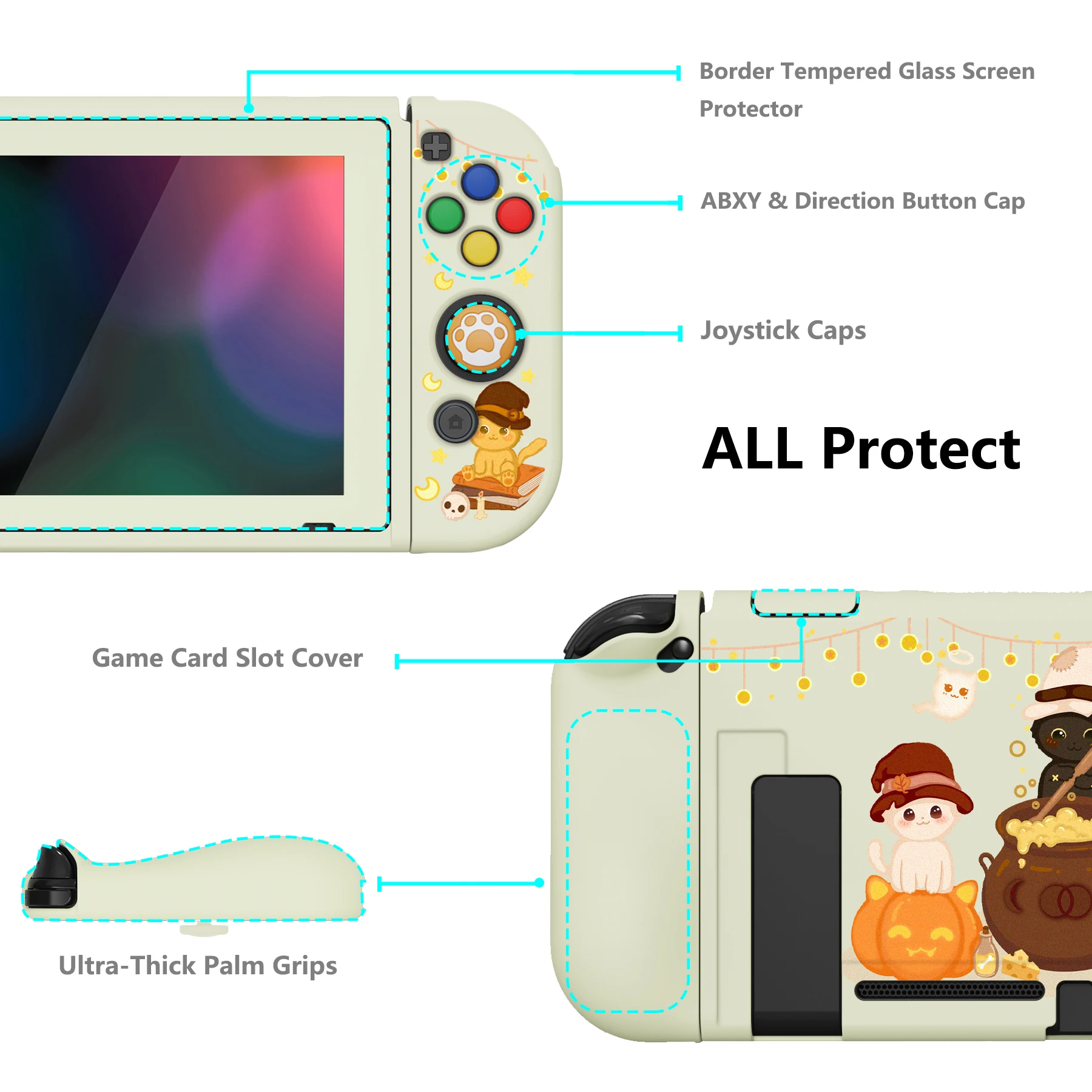 PlayVital ZealProtect Soft Protective Case for Nintendo Switch with Thumb Grips & Screen Protector - Triplets Pumpkin Cats