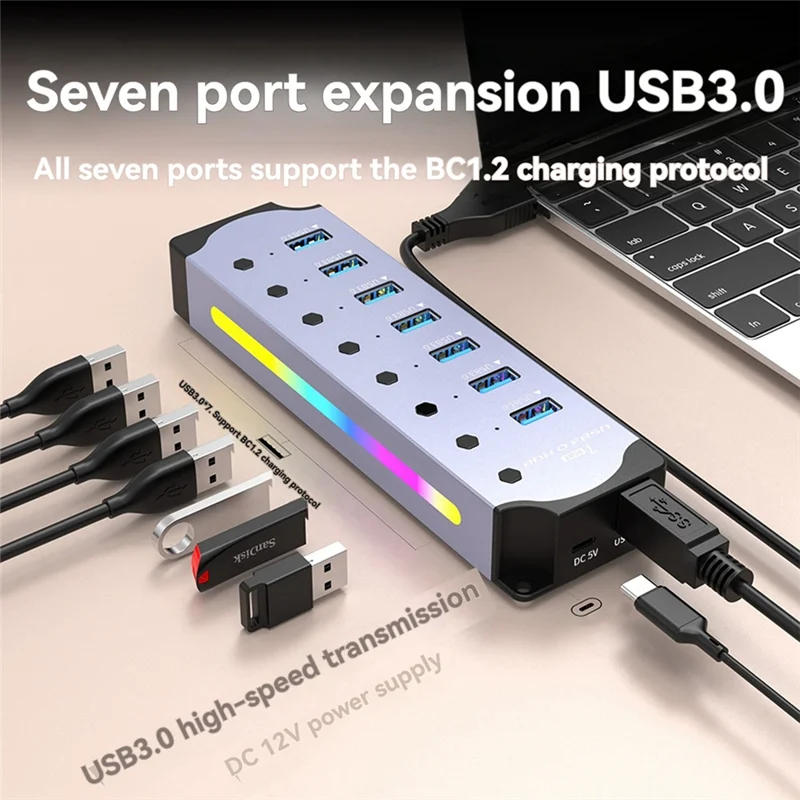 

USB 3.0 Hub, 7-Port RGB Hub With LED Strip,Dynamic Modes,Switches, Aluminum Case Hub For PC,Laptops EU Plug