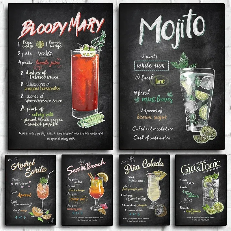 Vintage Bloody Mary Drinks And Cocktails Recipe Menu Poster Canvas Painting Wall Picture For Club Party Kitchen Room Decoration