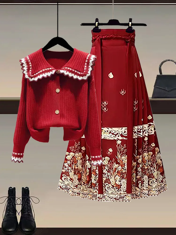 

New Year Set Red Doll Collar Sweater Early Spring New Sle Slimming National Sle Tailed Skirt Faionable And Sli