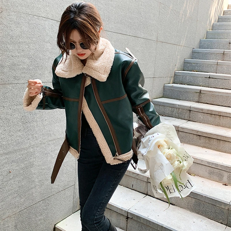 Winter Fur Integration Jacket Women Elegant Casual Motorcycle Coat Clothes Female Outwear Thicke Lambswool Parka Short Overcoat