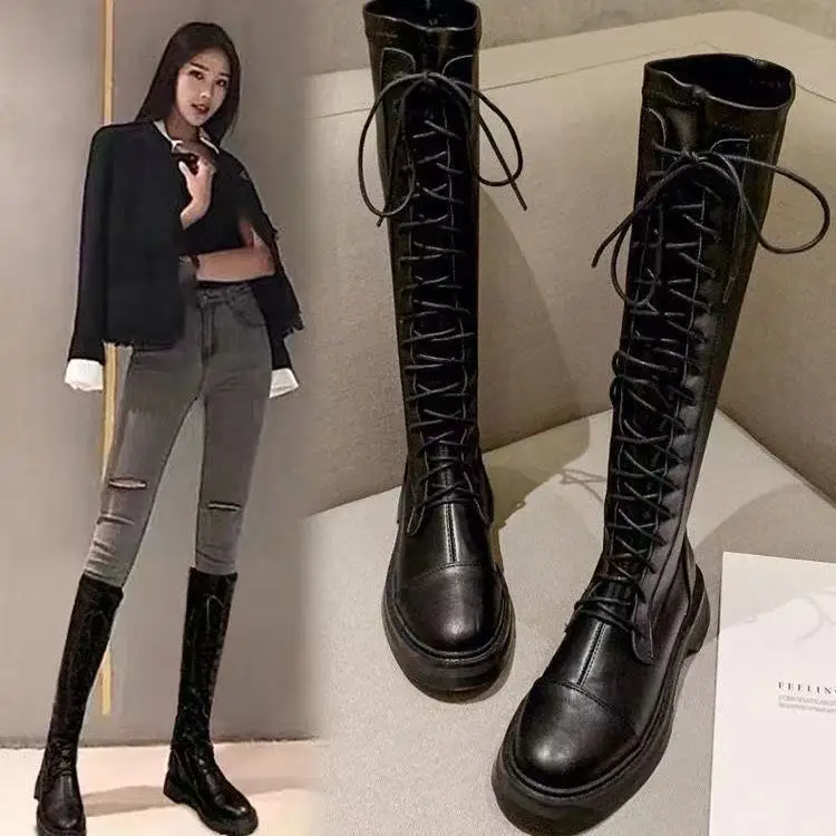 

Women's Long Tube Flat Bot Knight Boots Fall Winter Thi Heel Bla Belt Faionable ort Boots Korean Sle Pure Color