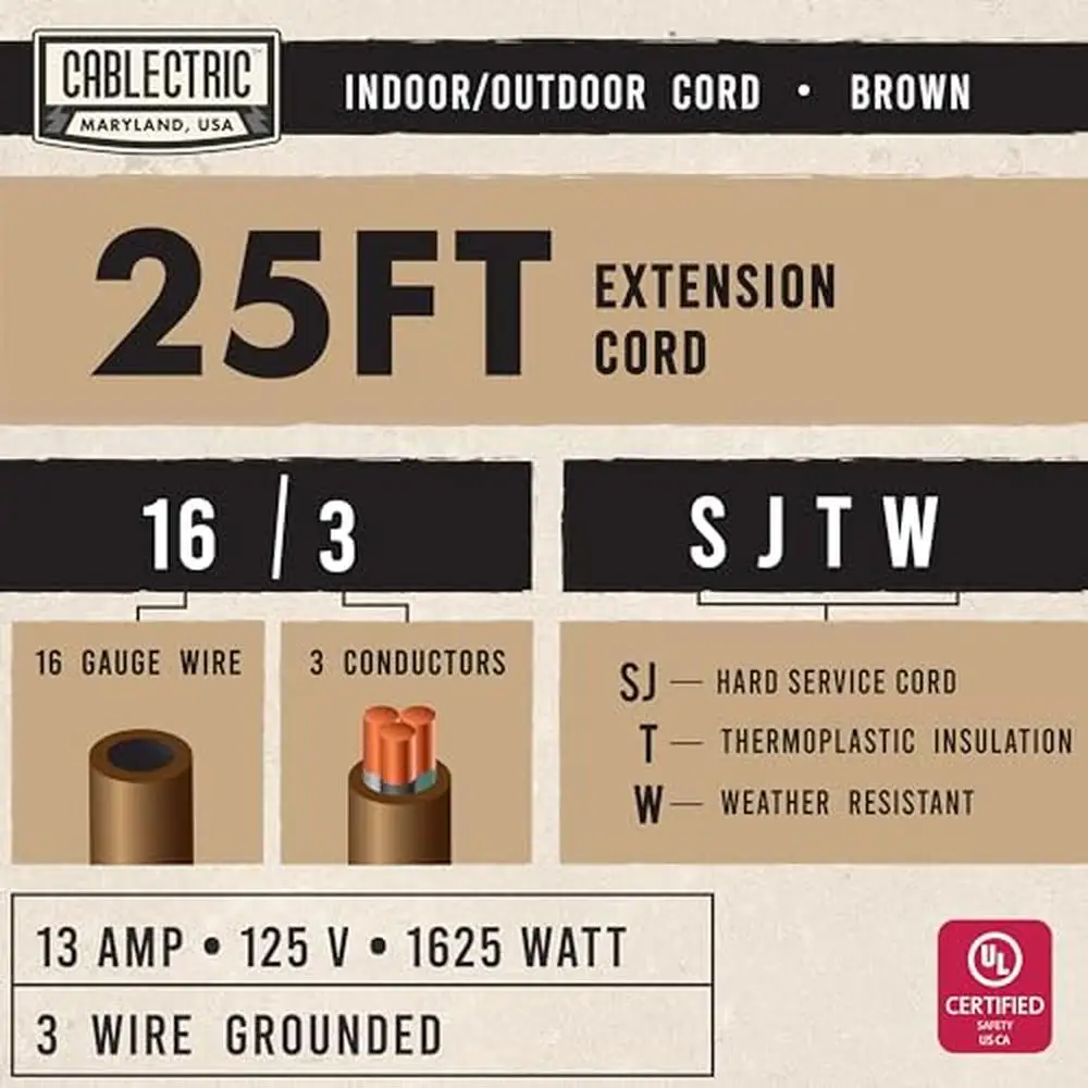 25ft Brown Outdoor Extension Cord 16/3 Heavy Duty Weatherproof Cable with 3 Prong Plug UL Certified