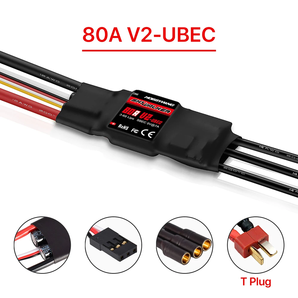 Hobbywing Skywalker V2 40A 50A 80A 100A controlador de velocidad ESC BEC sin escobillas con rotura inversa para ala fija RC