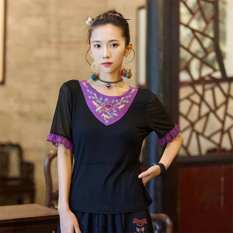 

2024 traditional chinese vintage mesh sleeve shirt national flower embroidery o-neck t-shirt chinese retro base shirt streetwear