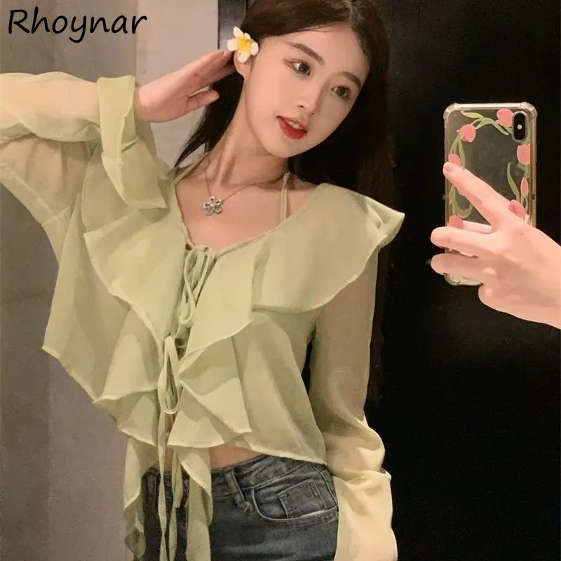 

Blouses Women Elegant Lady Soft Ruffles Fairycore Chic Halter Aesthetic Lace-up French Style Gentle Popular Flare Sleeve Vintage