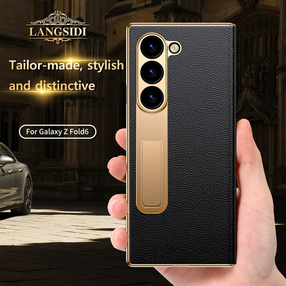 Leather Phone Case for Samsung Galaxy Z Fold 6 5 4 3 Fold6 Fold5 Gold Plating Magnetic Hinge Stand Back Cover with Mirror Film