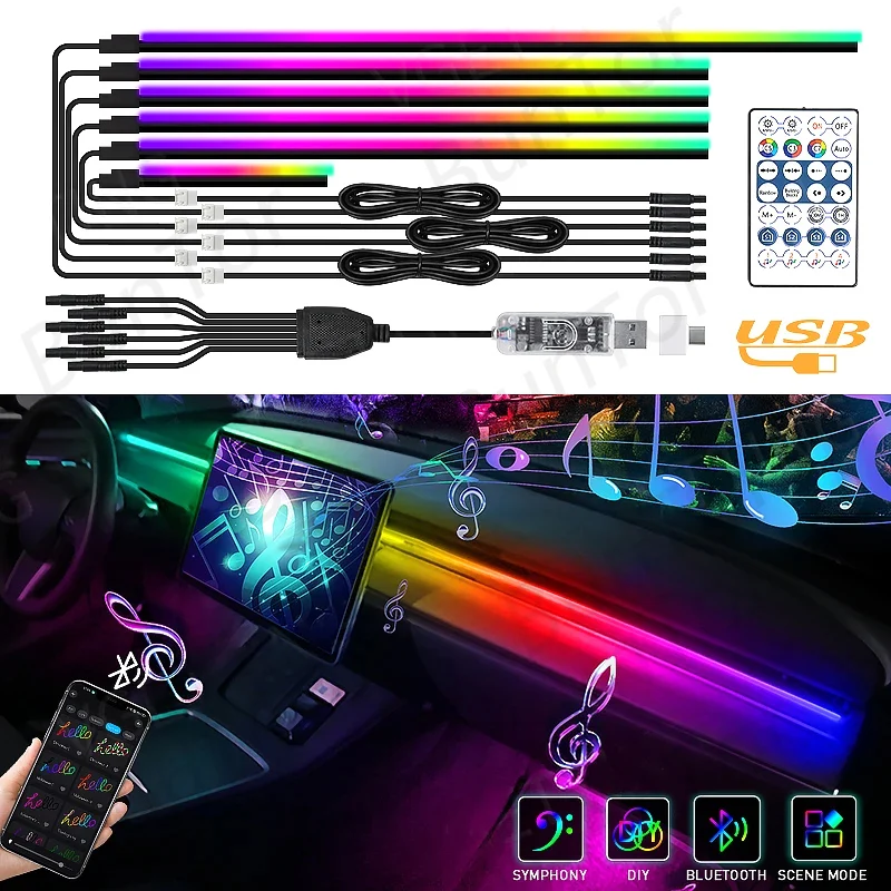 

Ambient Symphony Car Interior Acrylic Fiber Strip Lights Neon RGB 64 Color Auto Rainbow Lamp USB Power APP/Button/Voice Control