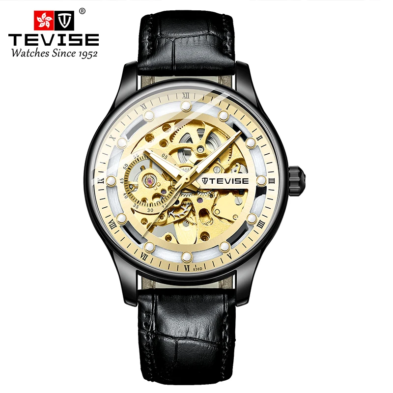 TEVISE Automatic Mechanical Watch for Men Leather Strap Waterproof Luminous Business&Fashion Skeleton Wrist Watch