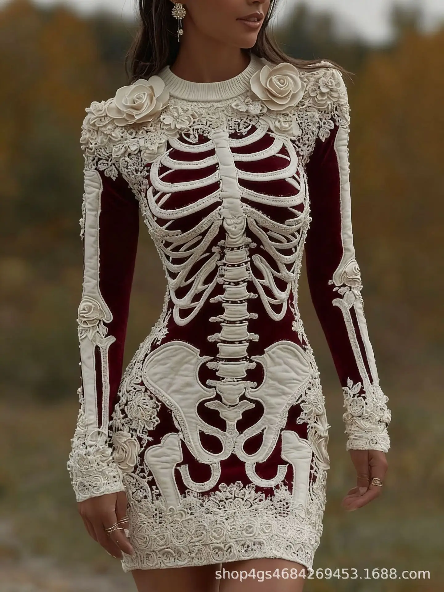 Spooky Gothic Skull Round Neck Sweater Slim-fit Bodycon Dress Halloween Masquerade Performance Clothing for Adults view 6
