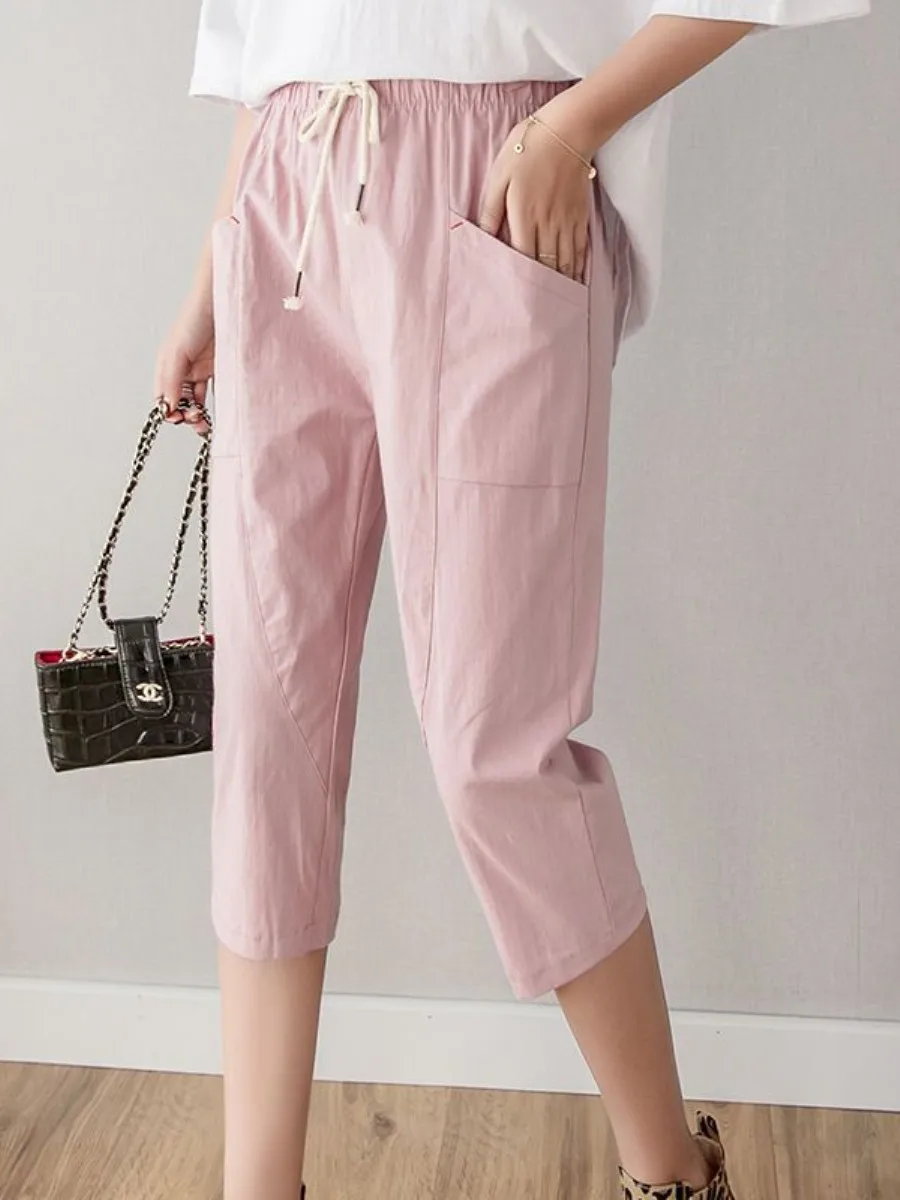 Summer Women's Harlan Loose Casual Jeans Seven-Foot Pocket Pure Color Thin Cotton Denim Pants Straight Leg Natural Waist