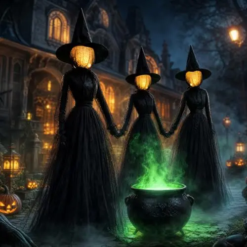 Halloween Decorations Outdoor, 6 FT Set of 3 Light Up Witches Holding Hands Witches with Stakes, Glowing Face Witch Decorations