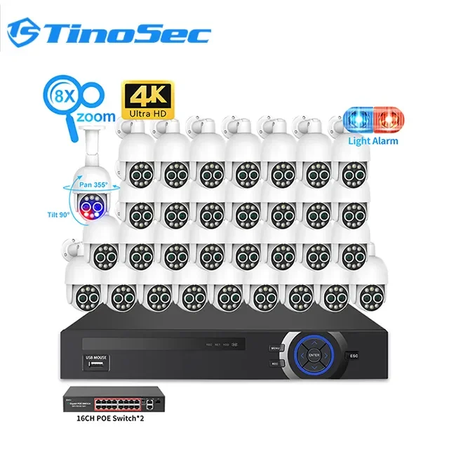 Tinosec Poe Home Security  Systems 32Ch Dual Lens Poe Camera Kit Humanoid Auto Tracking 4K 8X Hybrid Zoom 2.8+12Mm