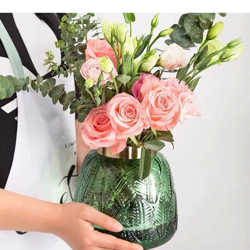 

Leaf Relief Green Glass Vase Transparent Hydroponics Flower Pots Decorative Artificial Flowers Gilded Floral Vases Modern Decor