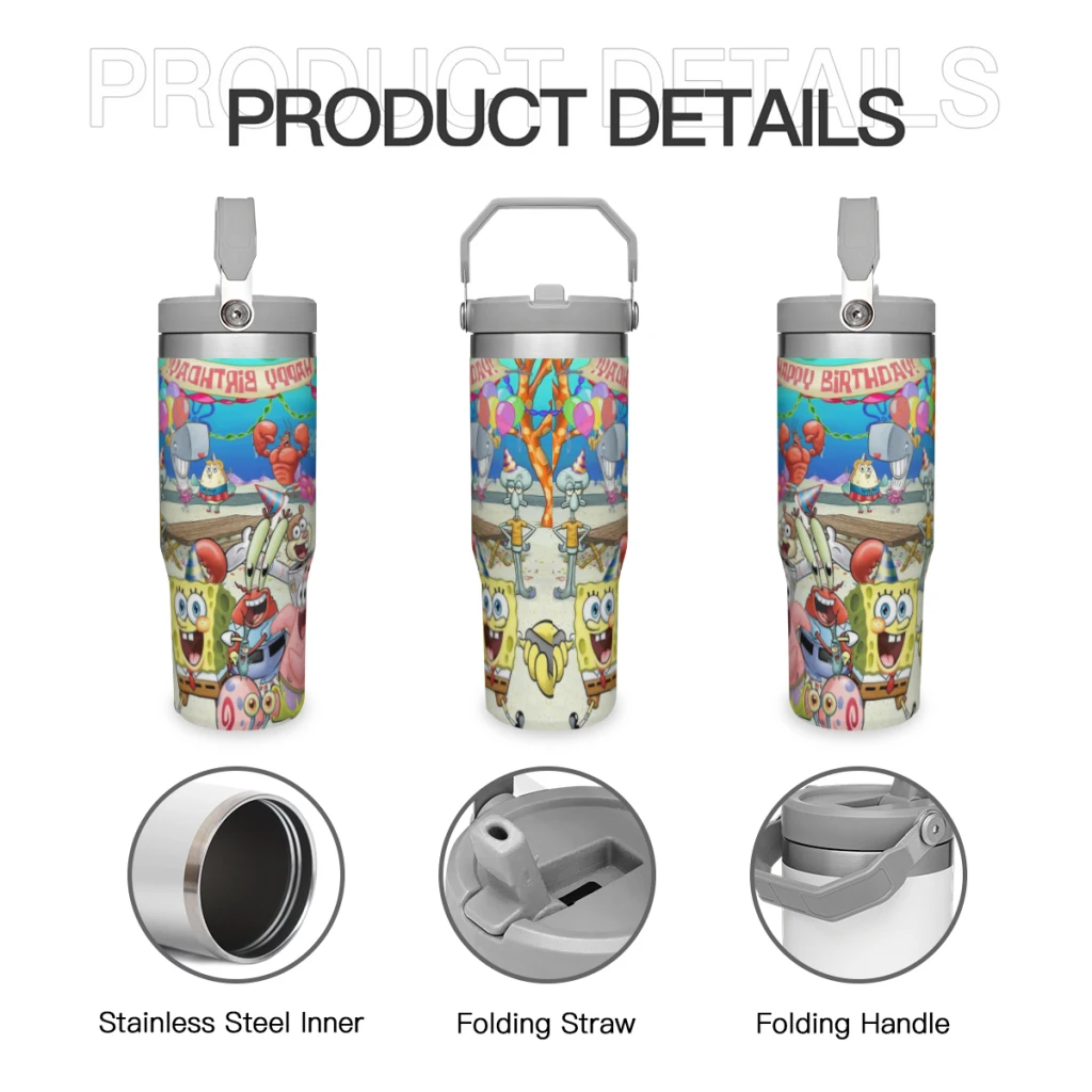 

Travel Mugs Insulated Cup Sponge-bob Cartoon Stainless Steel 304 Drinkware Thermal 30oz/900ml Large Capacity Handle Car Cup