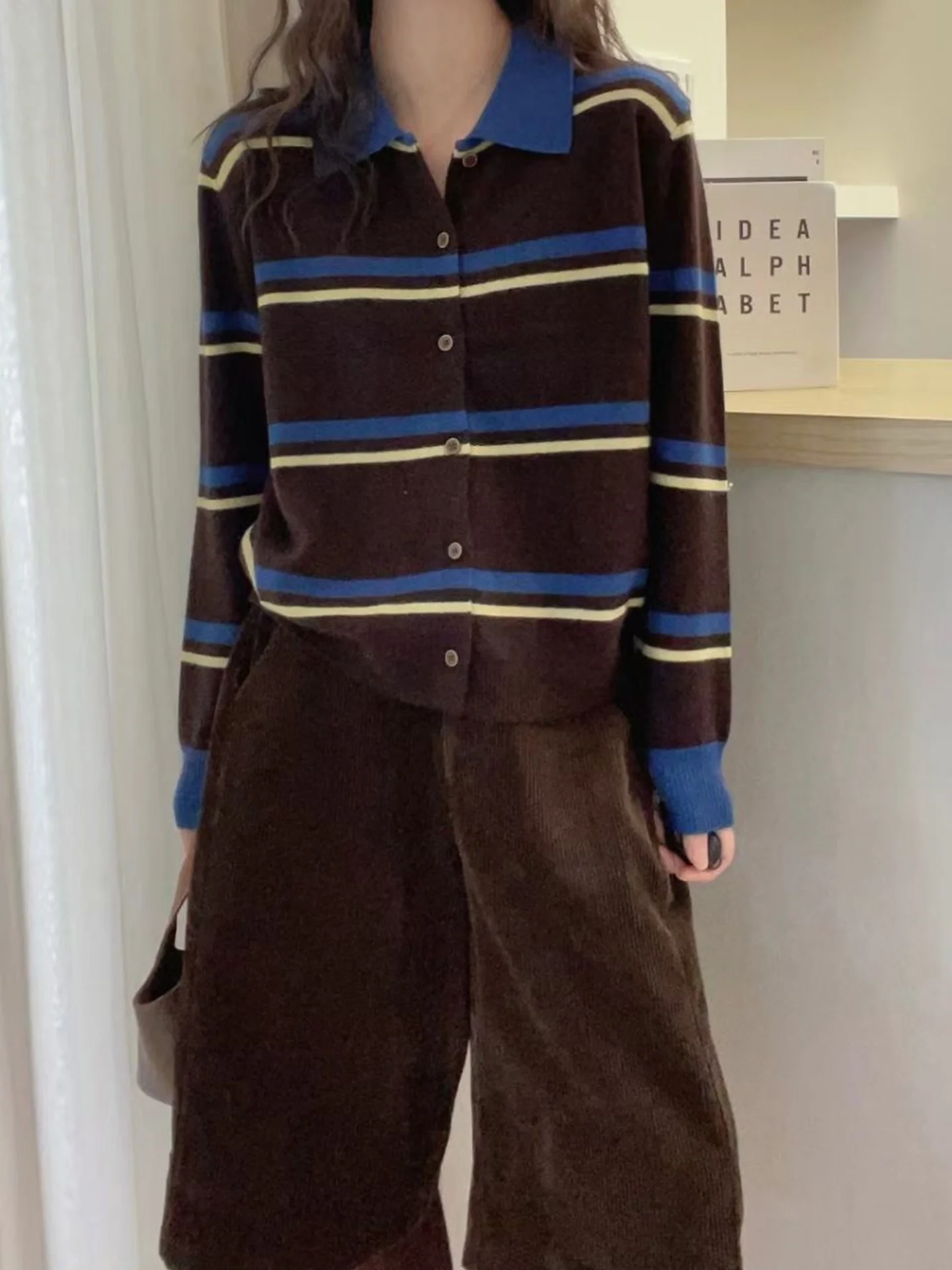 

Вязаный кардиган на одной пуговице в стиле ретро, удобный повседневный женский топ Camere с длинными рукавами, полосатый топ, новинка, осенняя мода