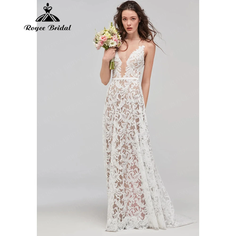 

Roycebridal 2025 New Boho Full Lace Deep V Neck A Line Wedding Dress Sexy Open Back Sweep Train Vestidos Para Mujer Customized