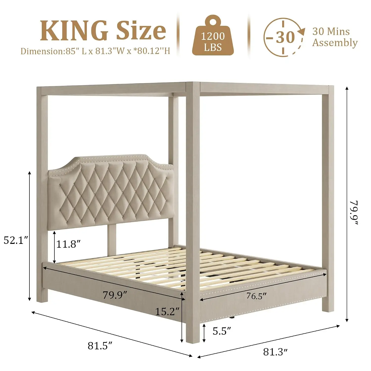 Upholstered King Bed Frame with Canopy Poles & Headboard for Bedroom, Customized