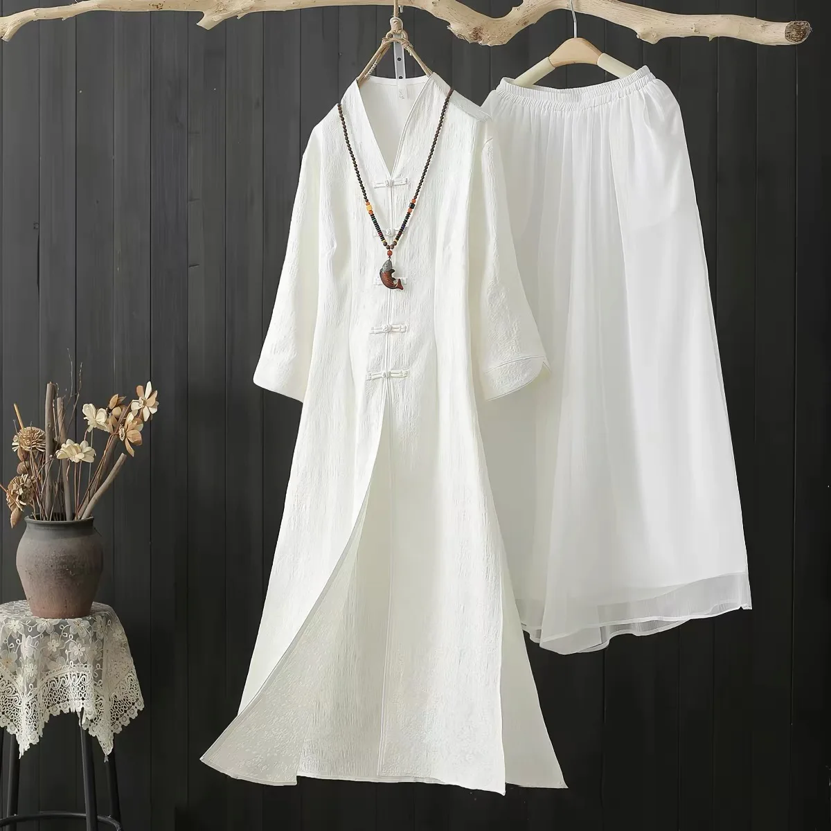 

Повседневное женское платье из хлопка и льна с пуговицами, комплект из двух предметов, весна-осень, новый стиль, этнический дизайн