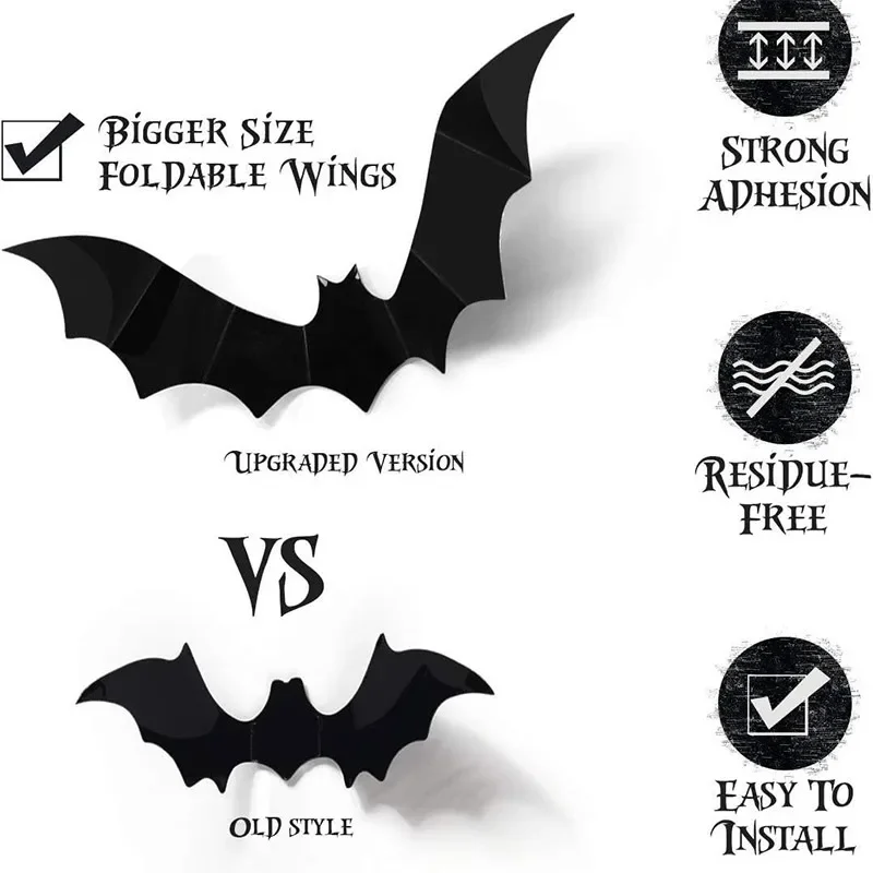 3D Black Bat Wall Stickers Set Halloween Party Essentials for Home Room Decor Window Glass Art Decals Indoor Decor