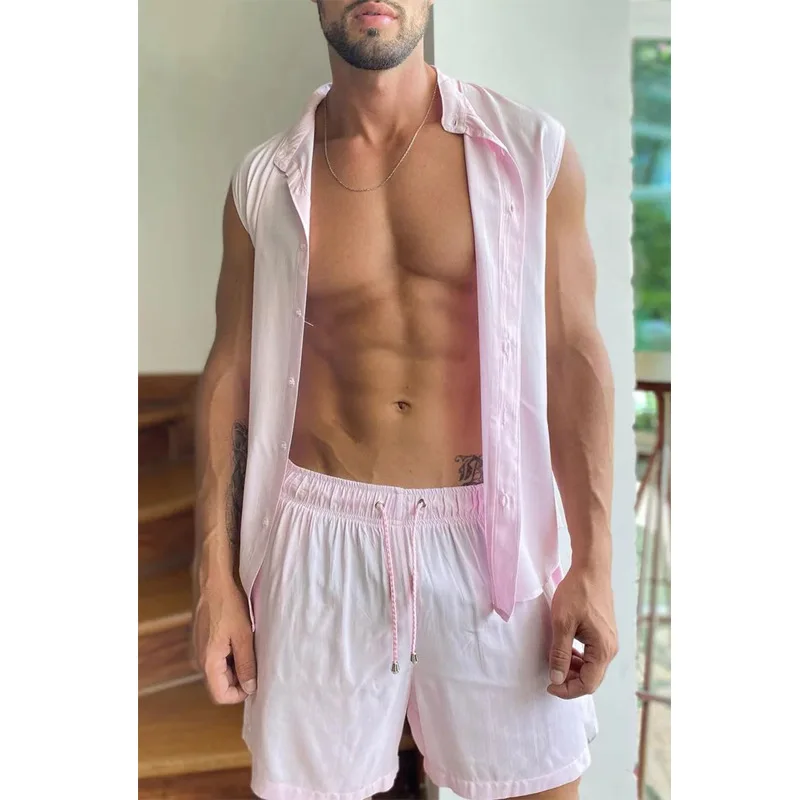 

Мужская повседневная свободная рубашка без рукавов на пуговицах, шорты, однотонный модный костюм