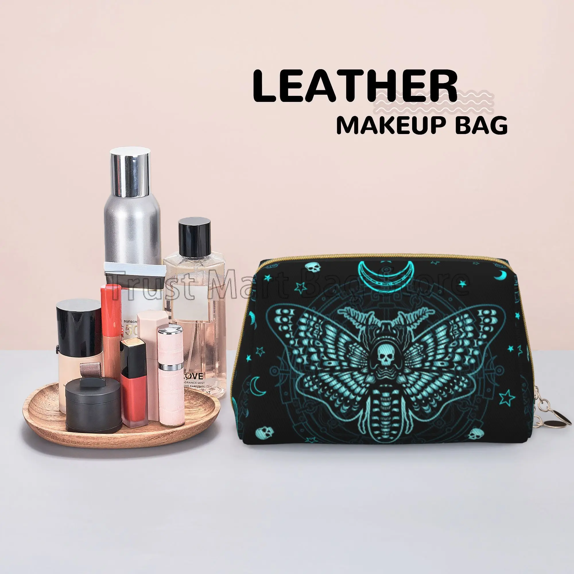 Mystical Moth Skull Dead Head Leather Travel Cosmetic Bag Black Skull Moth Large Capacity Waterproof Toiletry Bag Makeup Pouch