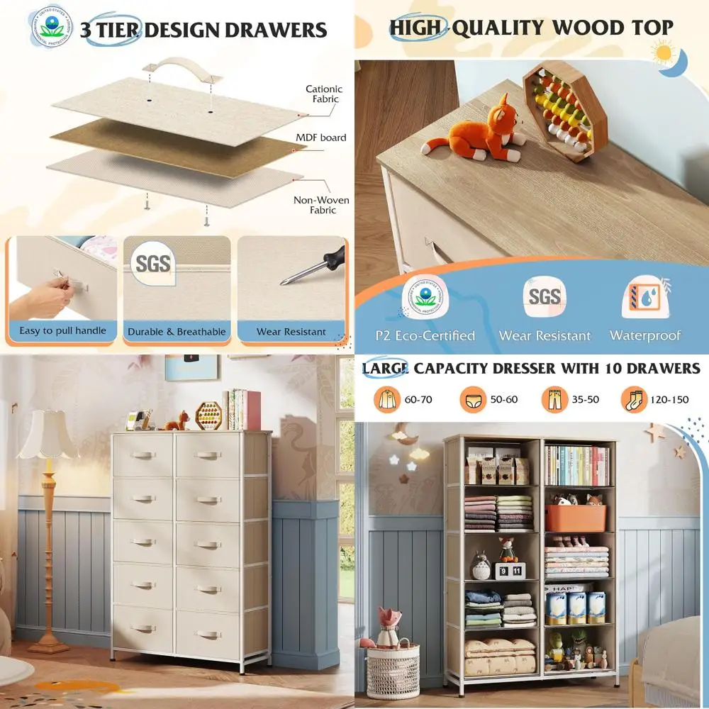 Elegant 10-Drawer Chest for Bedroom, Storage Unit with Fabric Bins, Suitable for Hallway, Living Room, and Entryway in Cream Whi