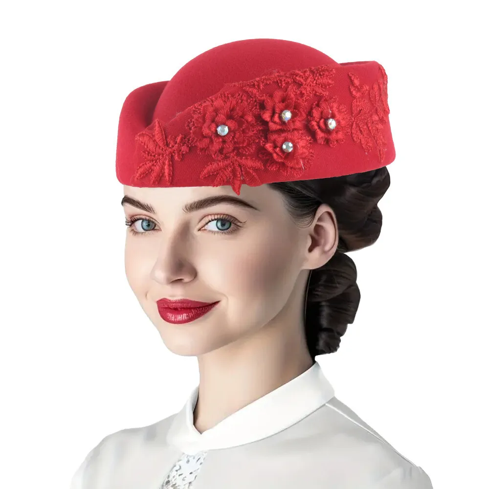Gorro turbante de fieltro elegante para mujer, boina Vintage con flores y diamantes de imitación para iglesia, gorro de Cosplay para fiesta de azafata, accesorio de disfraz