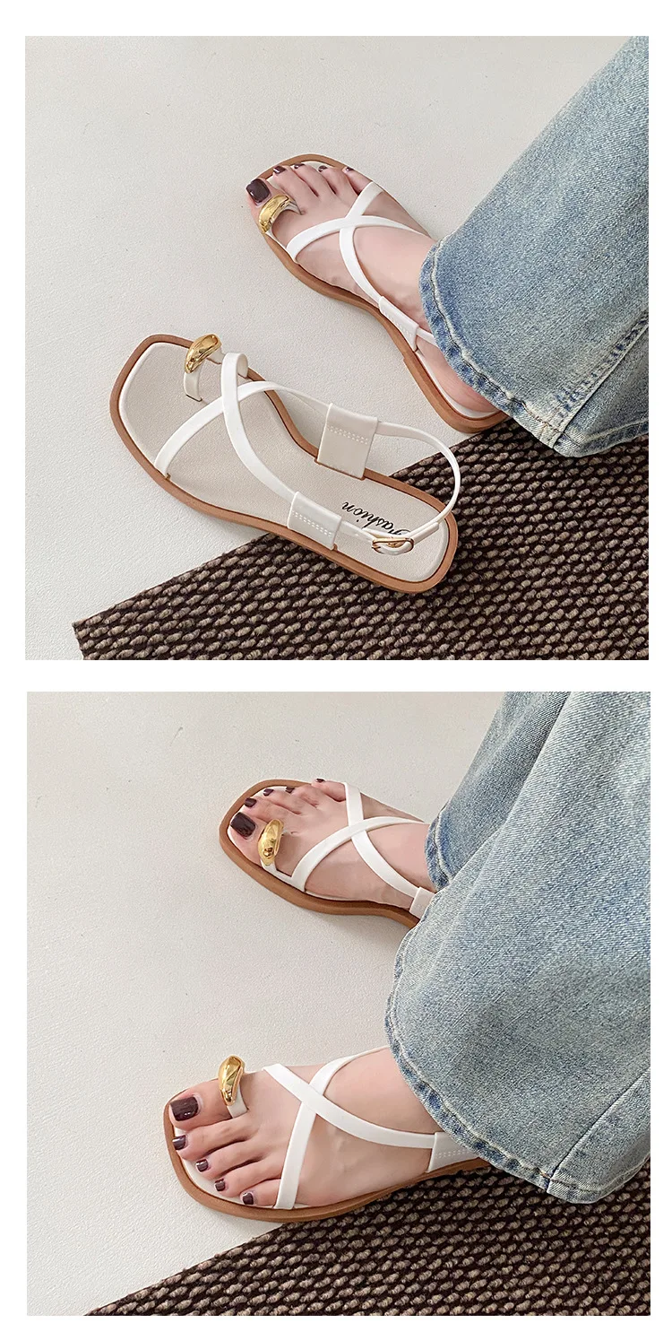 2026 Damen Sandalen mit flachem Absatz, Zehenclip, lässige Römersandalen, Sommer, schmaler Riemen, Knöchelschnalle, Strandschuhe für Damen – Detail 11