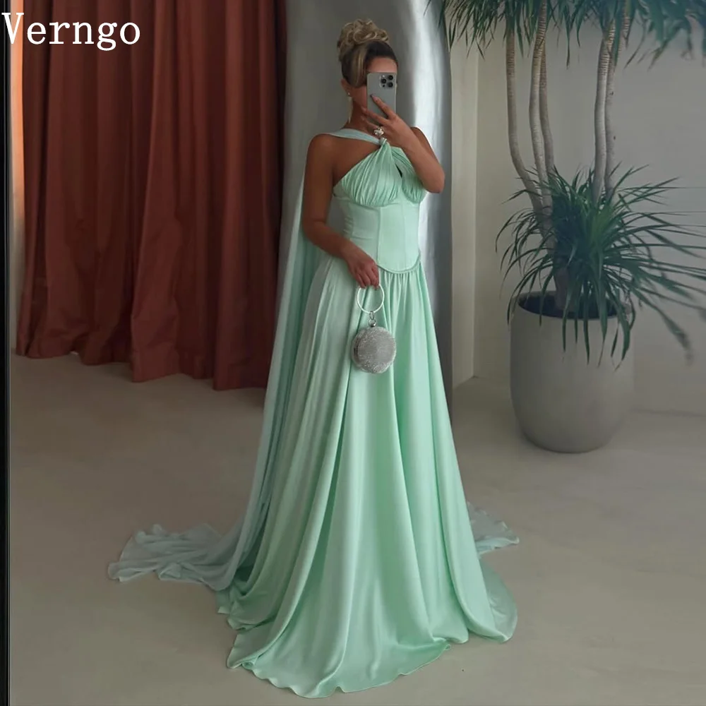 

Verngo Mint Green Crepe Evening Dress Halter A Line Pleated Formal Occasion Dress Saudi Arabia Prom Party Dress Customized