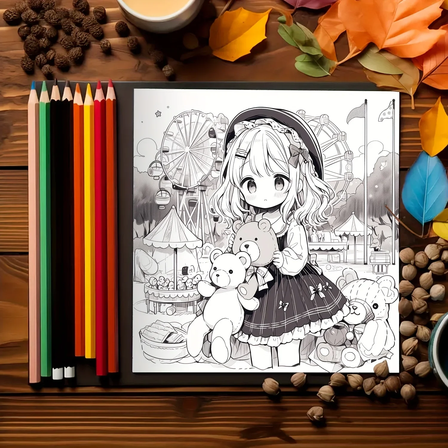 Libro para colorear de Chica y oso de Anime para niños y adultos, 25 páginas únicas, arte de papel grueso, libros para colorear para aliviar el estrés, 1 ud.