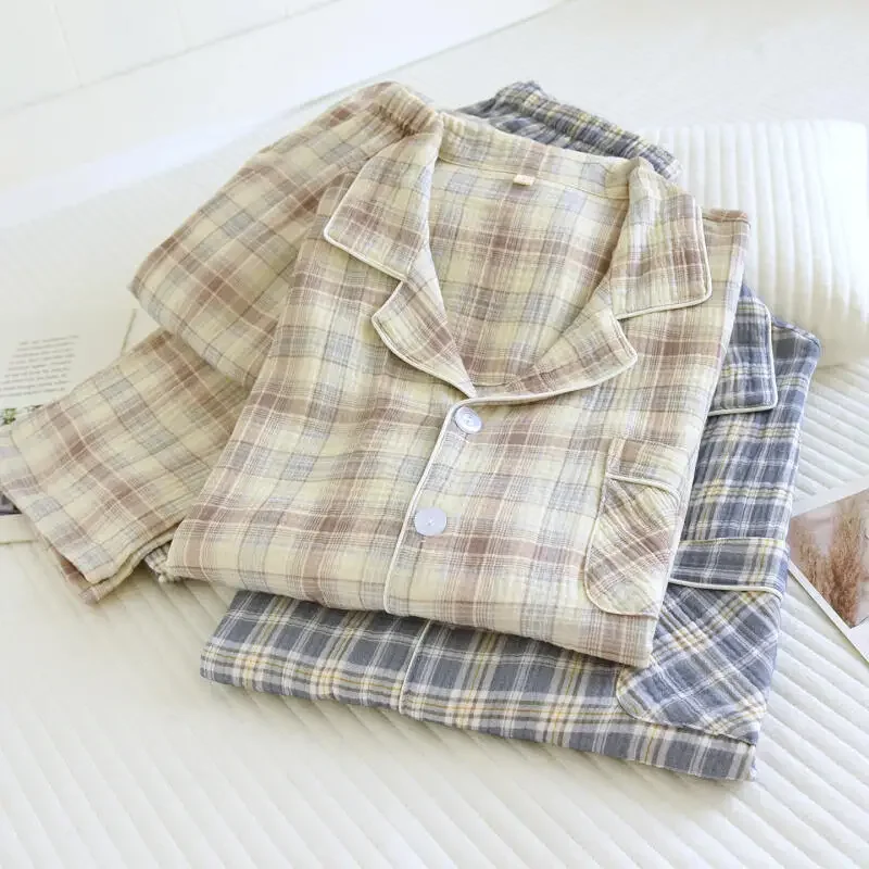 

Cotton Pijama Mujer Plaid Pritn Sleepwear 2Pcs Pajama Sets Soft Women Men Loungewear Autumn Spring New Pijamas De Mujer