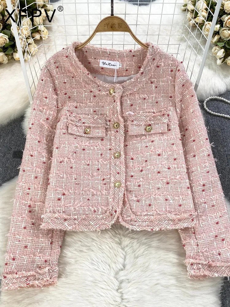 

BabYoung Women's Sweet Temperament Long Sleeved Round Neck Rough Tweed Jacket Coat Y2k Korean Fashion Autumn Winter 2023