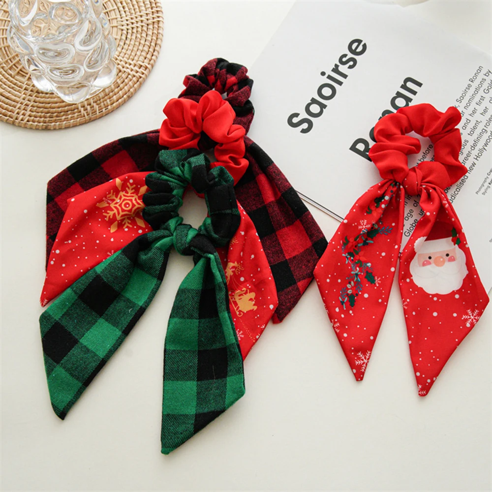 Ponytail Ribbon Hair Tie Santa Claus Elastic Hair Band Christmas Style Plaid Scrunchies Simple Fashion DIY Hair Accessories