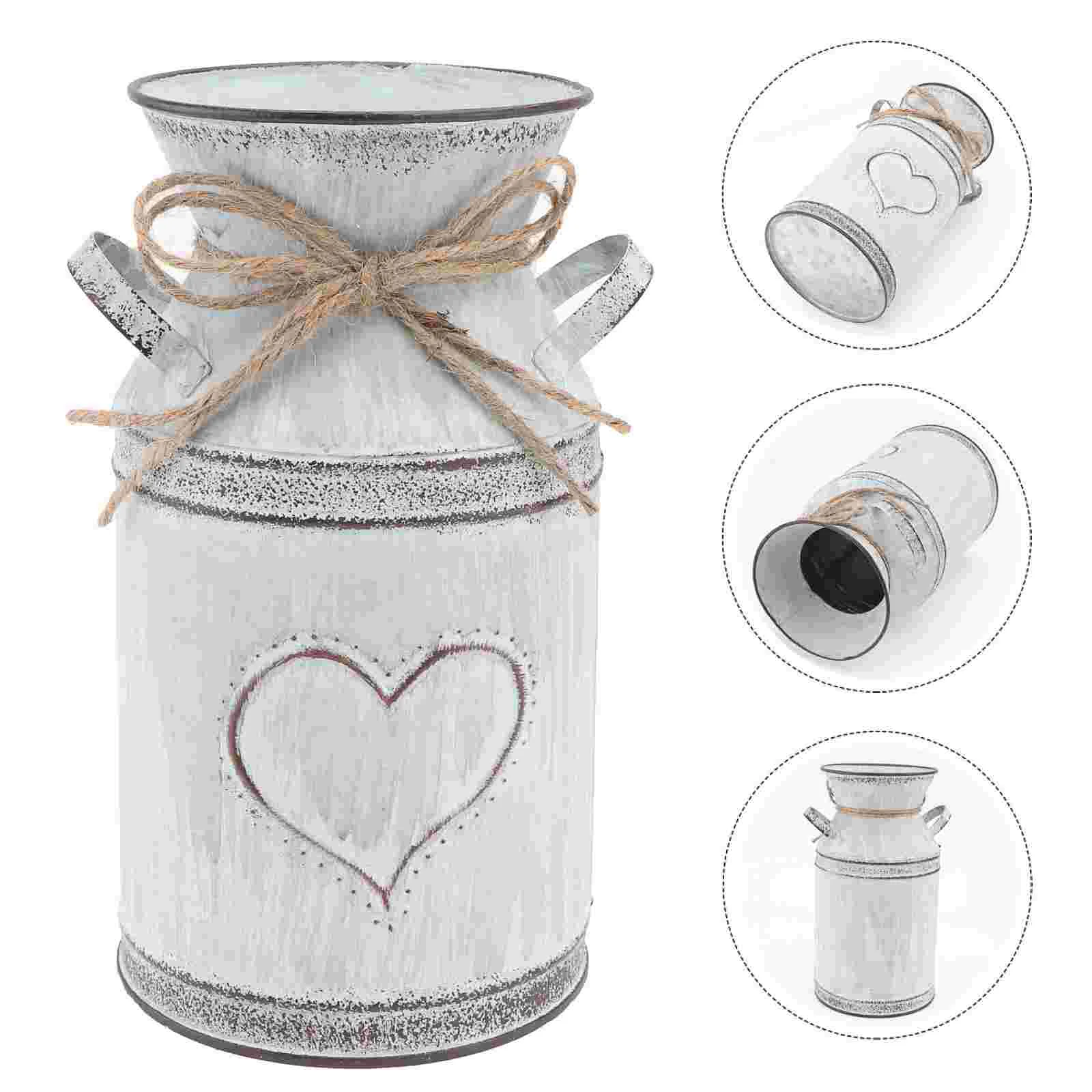 Galvanized Planter Heart-shaped Flower Arrangement Ornaments Display Pot Decorate Pattern Holder Milk Jar Vases