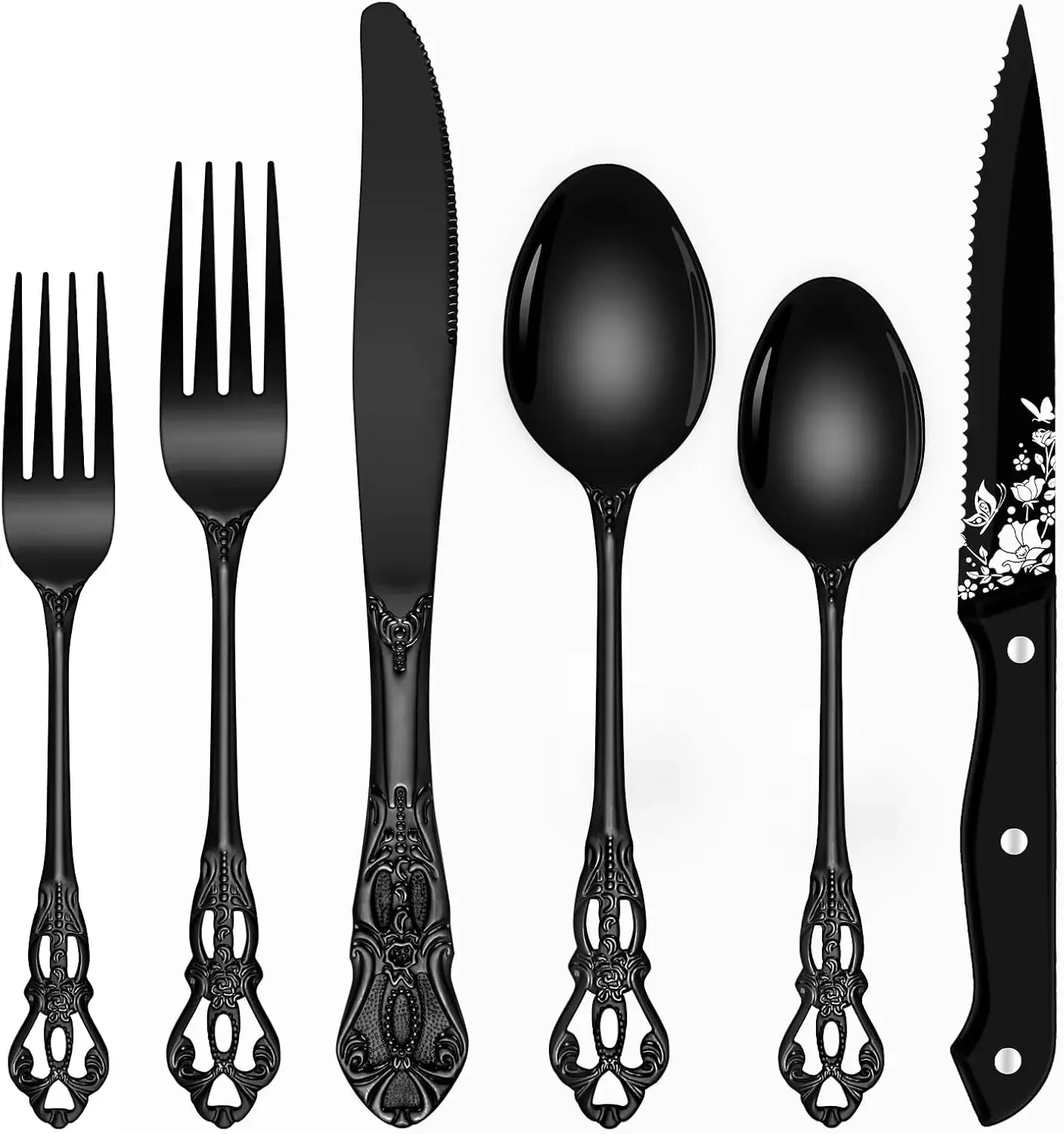 Set For 8, Ollex 48 PCS Retro Royal Silverware Flatware Set with Black Spoons Forks Knives Set, Mirror Polished