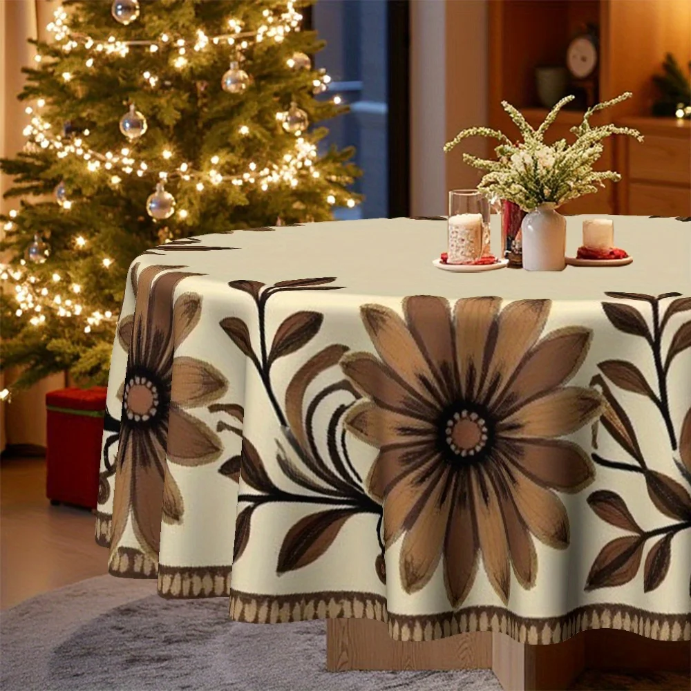 One rural-style beige and brown floral round tablecloth with ruffles - cream white