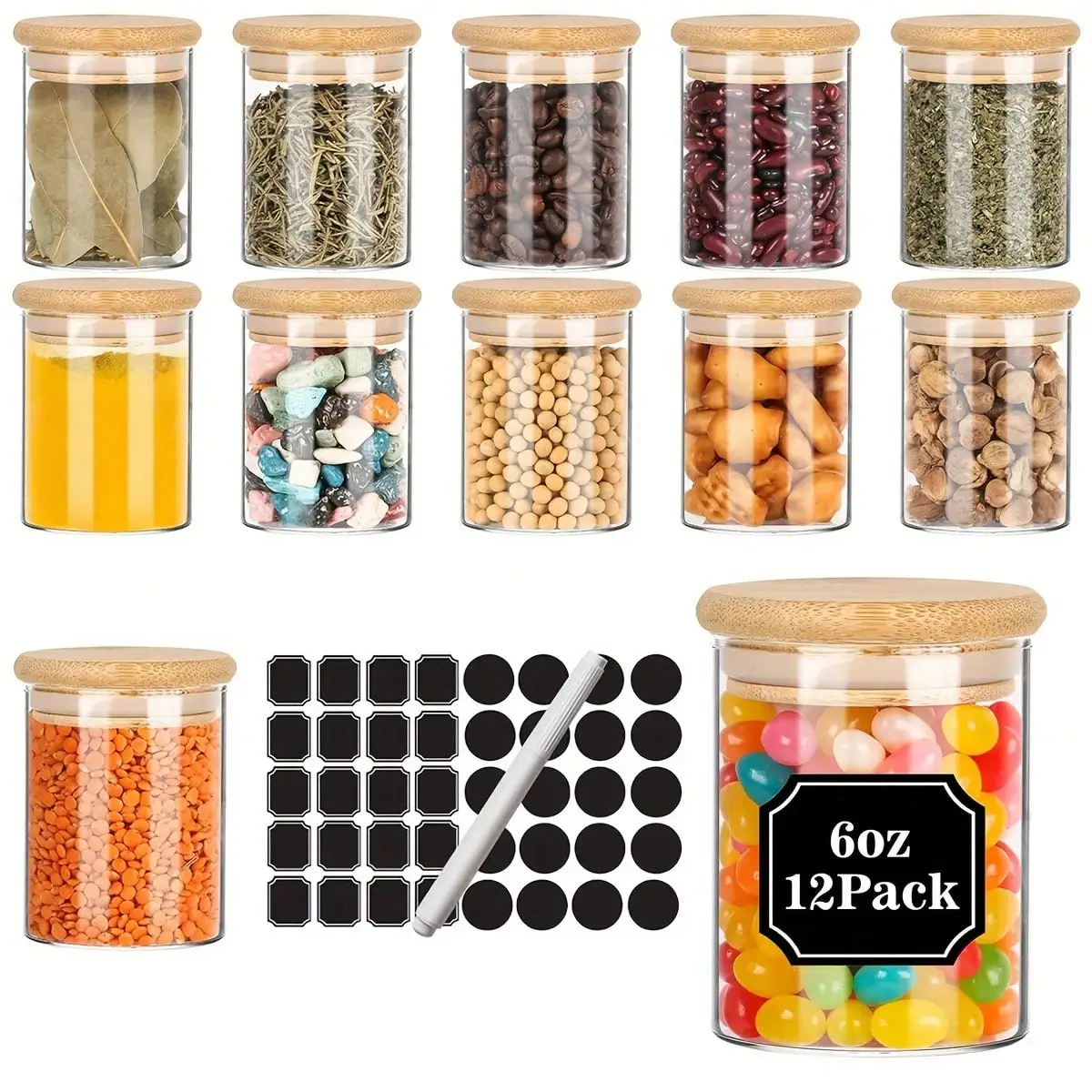 12 Pack Glass Spice Jars Modern Clear Airtight Storage Containers Natural Bamboo Lids 6 oz Capacity Glass Canisters With Black Labels Chalk Pen For Herbs Seasonings Coffee Tea Kitchen Pantry Cabinet Spice Rack Housewarming Gift