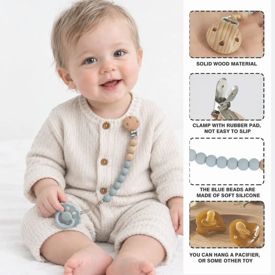 erduo Baby Pacifier Dummy Chain Holder, Customize Handmade Beech Wooden SIlicone Beads Anti Drop Prevent Teething Toy loss  Clip