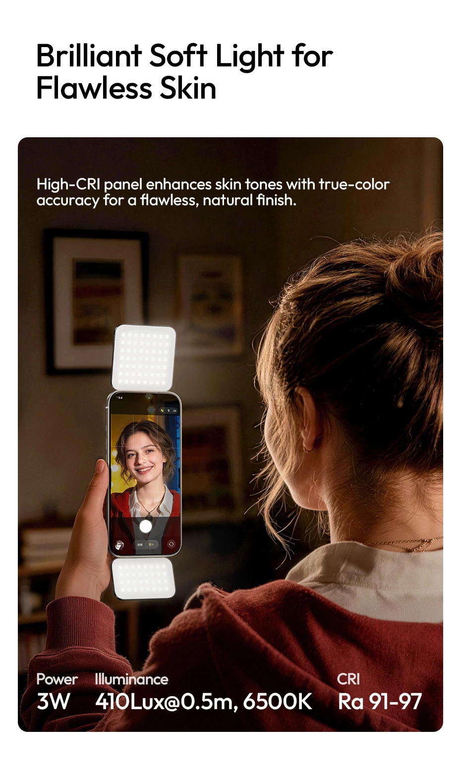 Ulanzi GL01 Magnetisches Aufstecklicht, einstellbares Dual-Seitenlicht für iPhone 17 Android, dimmbares Selfie-Licht 2700-6500K für Live-Vlogs – Detail 12