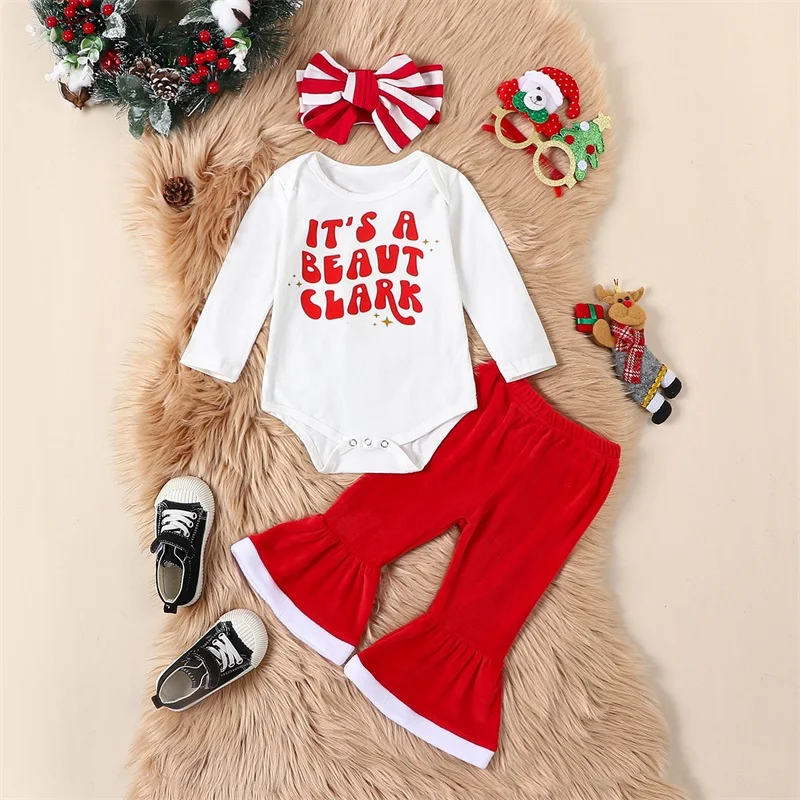 

Newborn Baby Girl Christmas Outfit Long Sleeve Letter Romper Velvet Bell Bottom Pants Headband 3Pcs Set