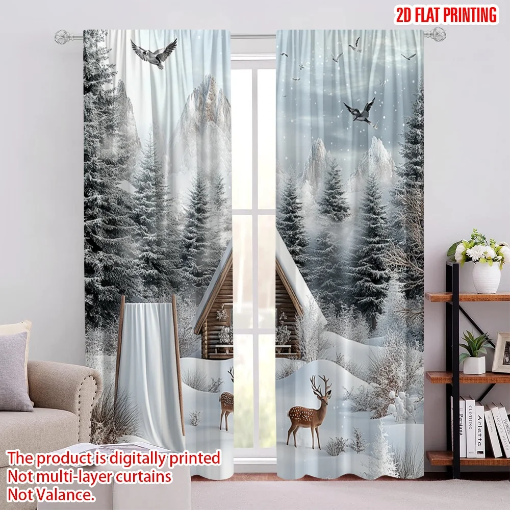 

2Pcs 2D Flat PrintingWinter Pine Tree Curtain Deer Snowy Forest Christmas Holiday Decorative Curtain Suitable For Living Room