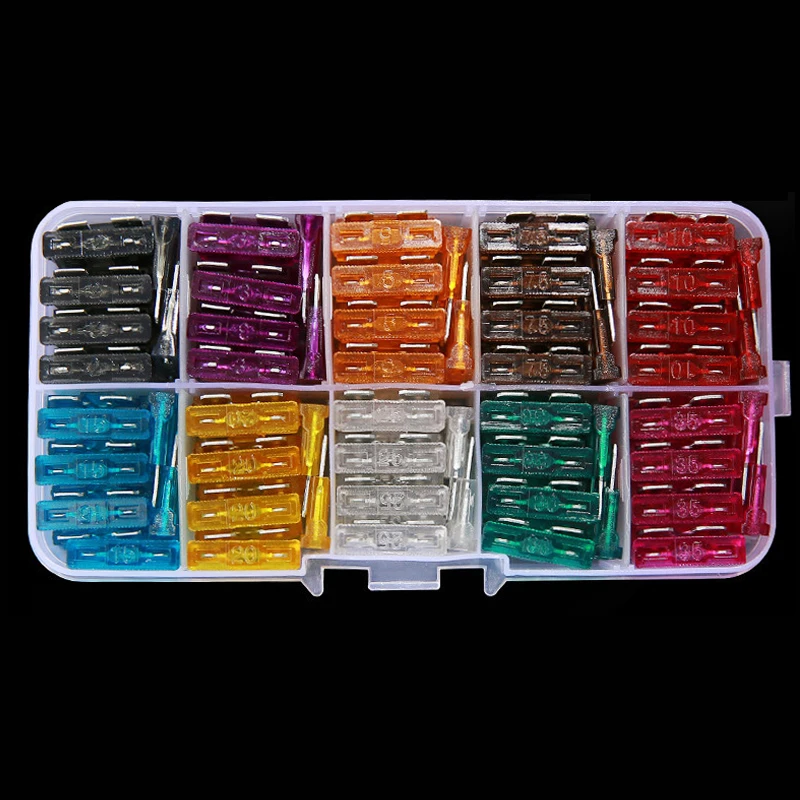 100/50Pcs Profile Small Size Blade Type Car Fuse Assortment Set Auto Car Truck 2.5/3/5/7.5/10/15/20/25/30/35A Fuse with Box Clip