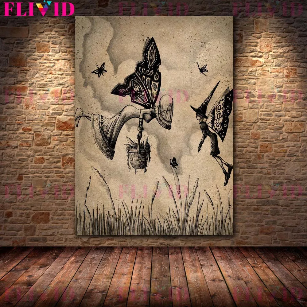 Pointed Hat Butterfly Witch And Plant Witch Vintage Wall Art Canvas Painting Magic Forest Elves Art Psoter Print Home Decoration