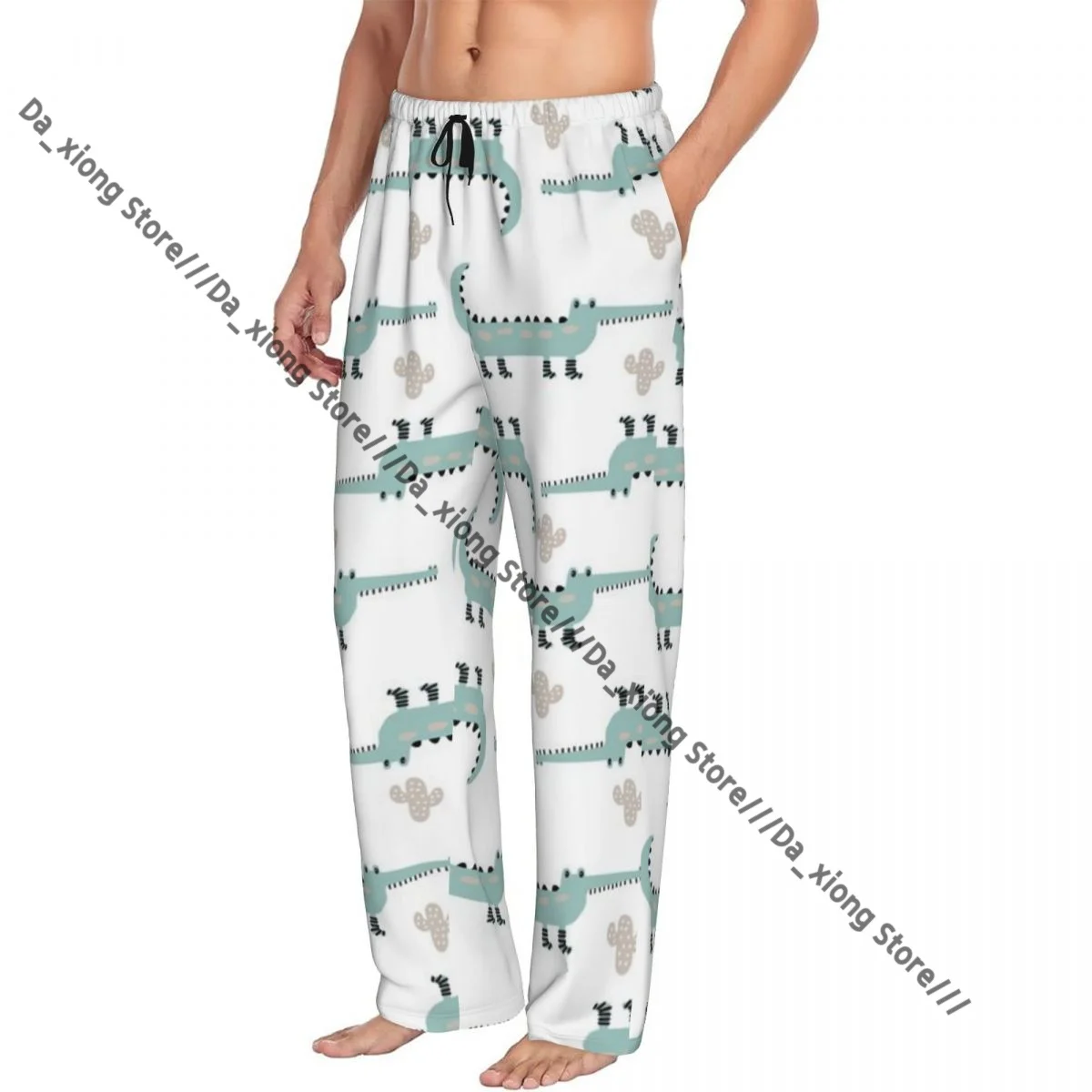 

Мужская повседневная пижама, длинные брюки, свободный эластичный пояс, милые зеленые крокодилы, уютная одежда для сна, домашние брюки для отдыха