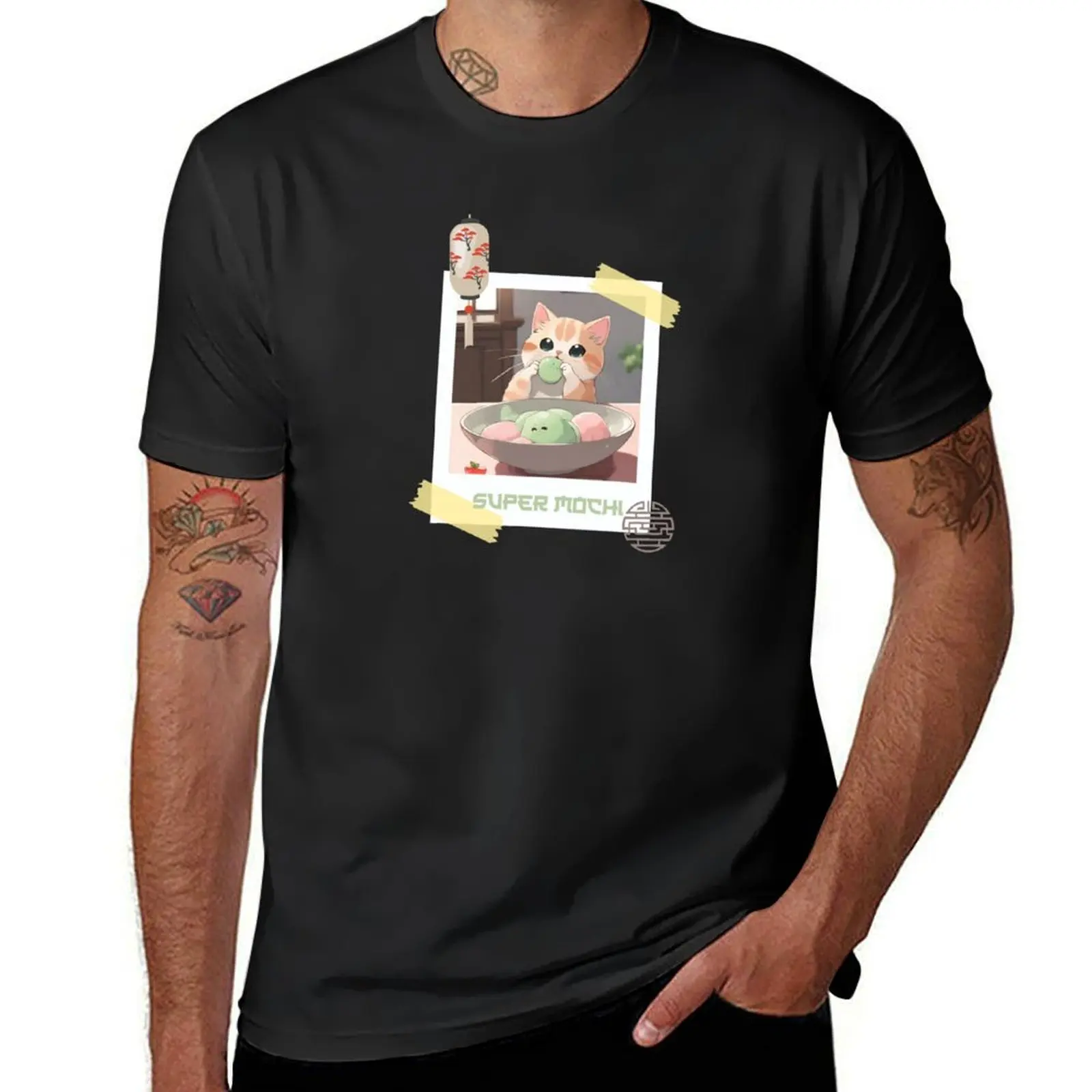 Camiseta de entrenamiento para hombre, prenda de vestir, bonita y Adorable gato que come Mochi, Japón, Kawaii, comida japonesa, Mochi, Tokio